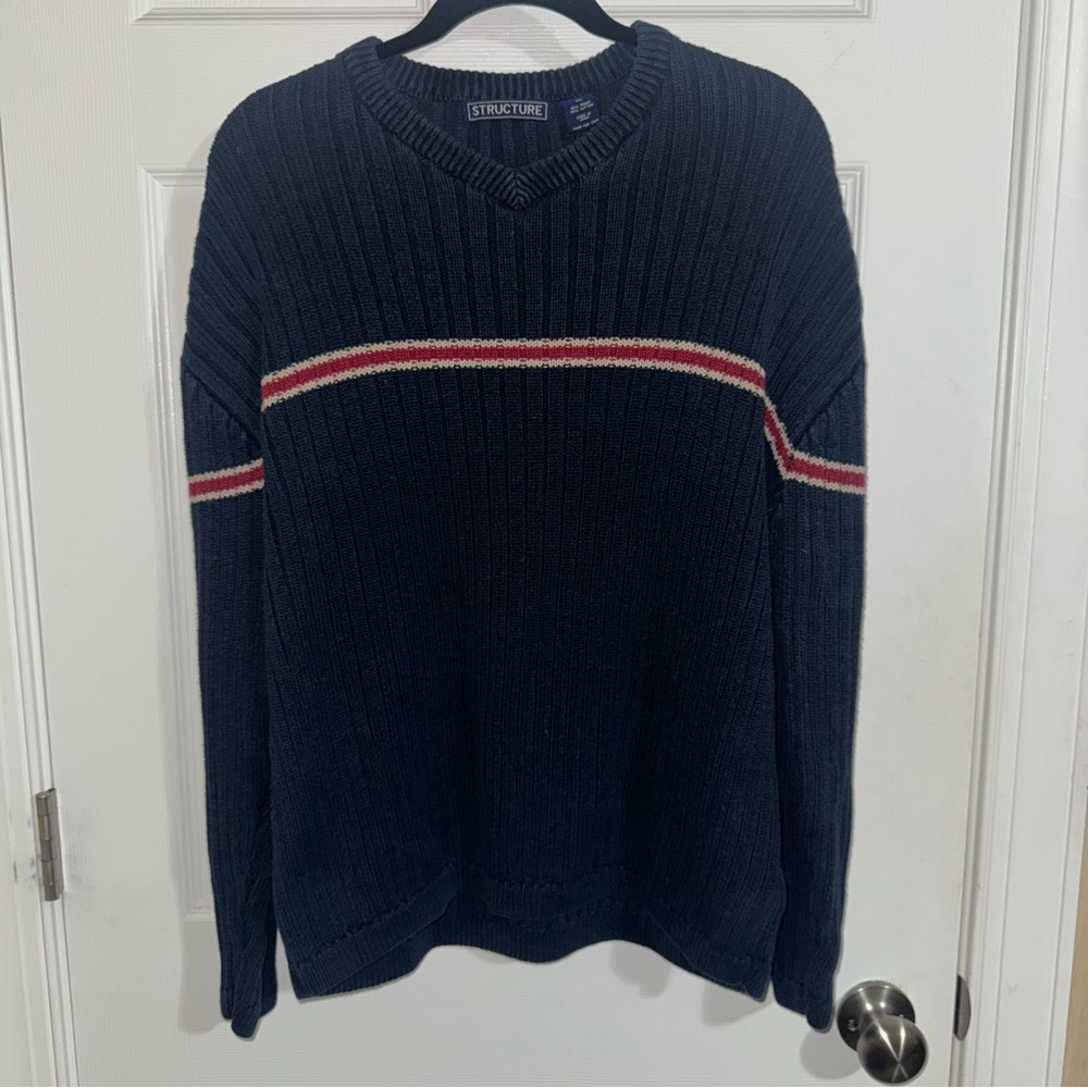 Vintage 90s Structure Mens Navy Red Stripe V Neck Long Sleeve Knit Sweater‎ XL